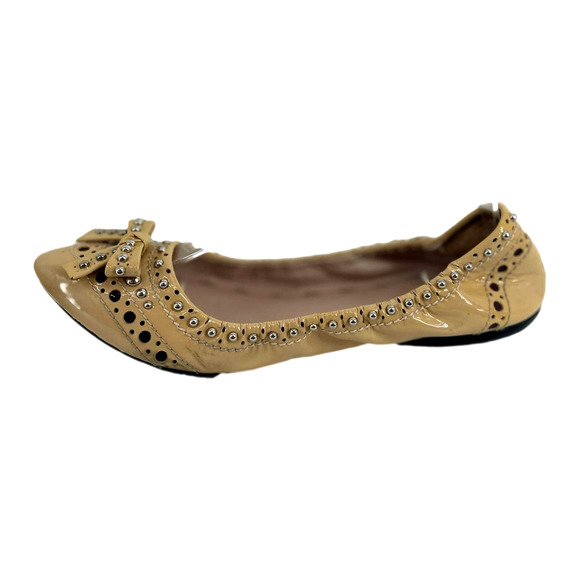 Miu Miu Flat Shoes Beige Leather Pointed Toe Bow Studded Flats Size 37 E… - Picture 9 of 11